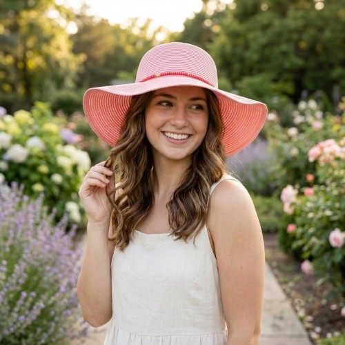 Wide Brim Toyo Straw w/ Wooden Beads Band - Pink - HT-8131A-PK
